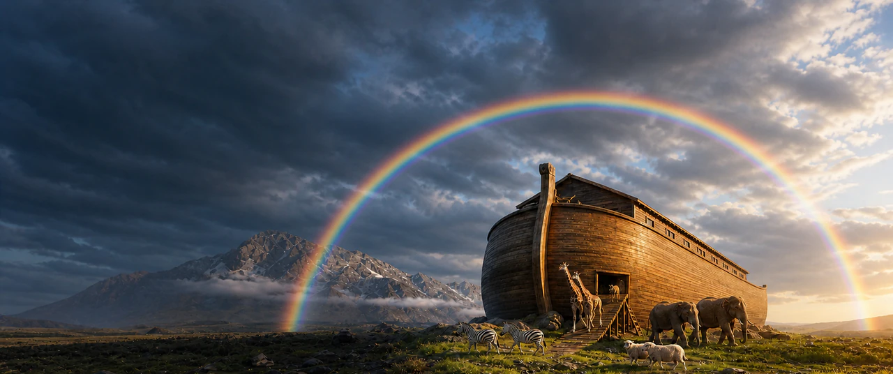 Noah's Ark, pairs of animals, and a vivid full rainbow after the flood