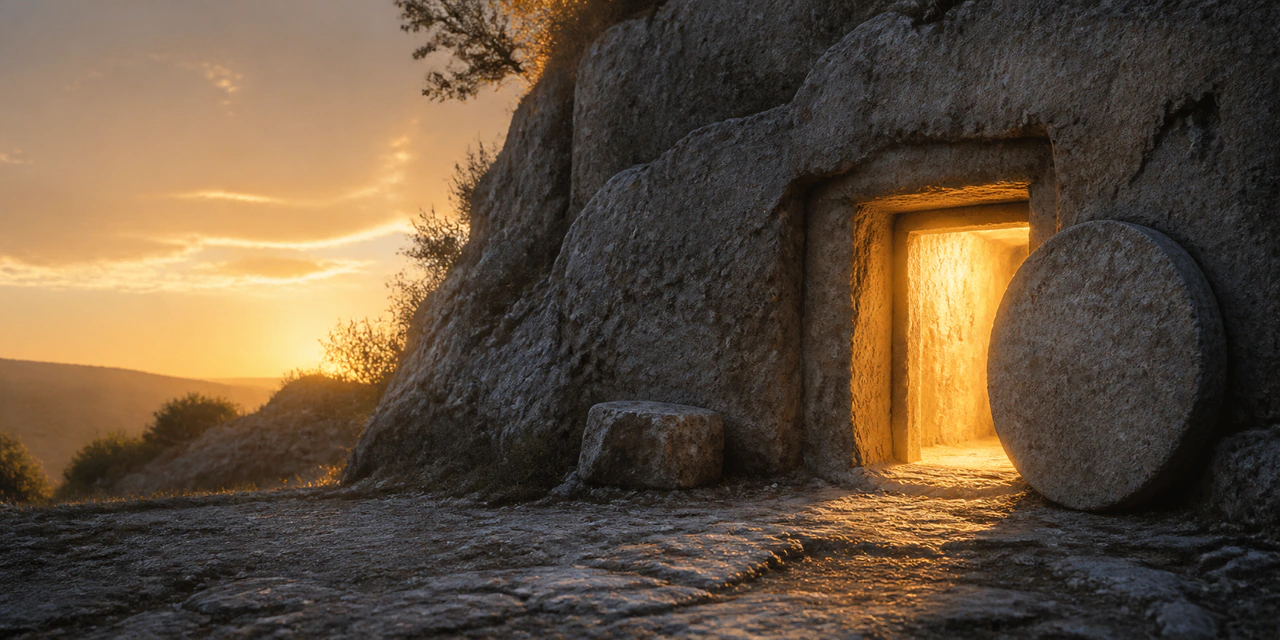 The open empty tomb illuminated at dawn