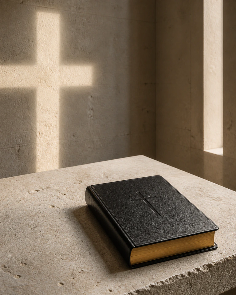 Closed Bible beneath a cross-shaped beam of morning light